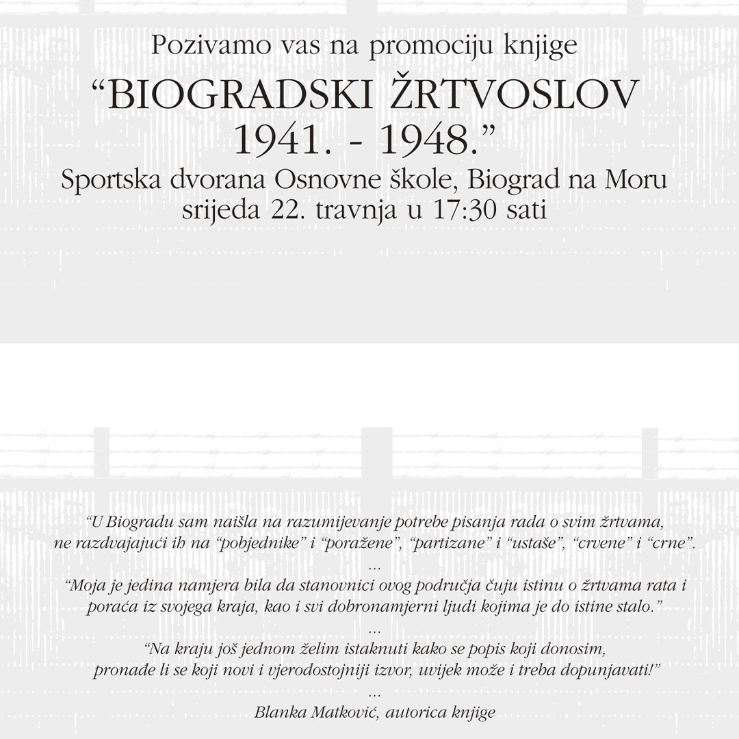 Promocija knjige „Biogradski žrtvoslov 1941. – 1948.“